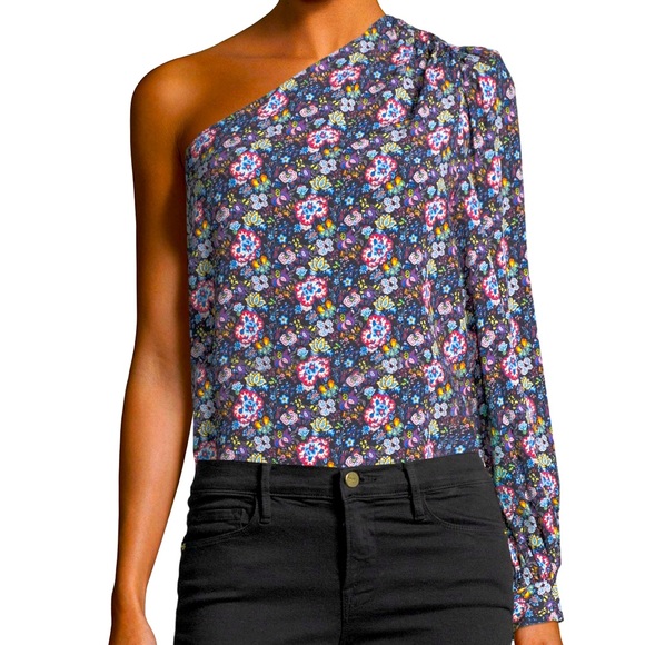 Frame XS Single Sleeve & Shoulder Blue Floral Print Top - Picture 2 of 15